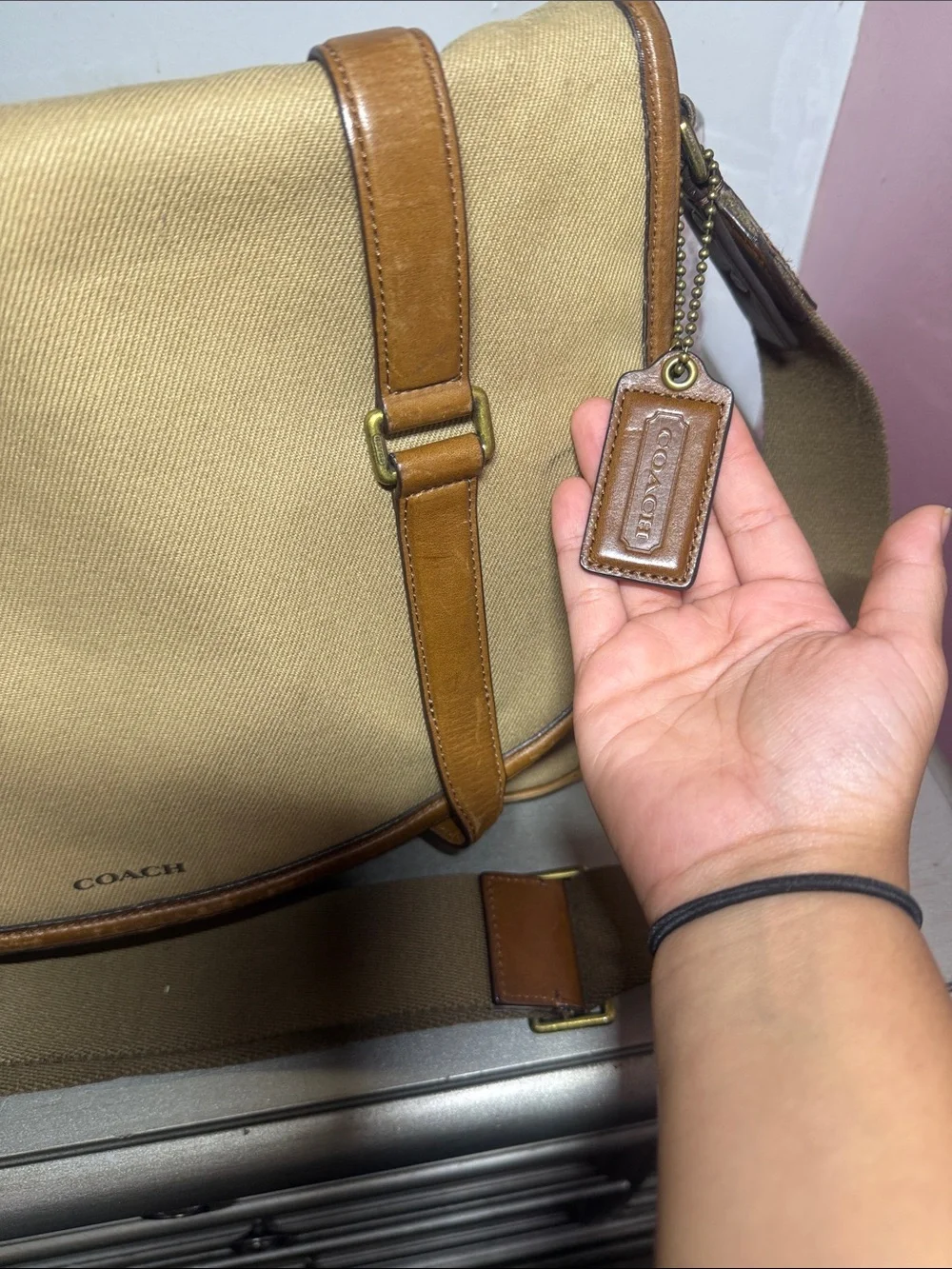 Coach Beige Canvas Messenger Bag with Brown Leather Trim
